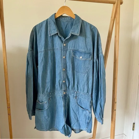 NWT Free People We The Free Zodiac Denim Chambray Romper in Moon Blue - L - Picture 5 of 8